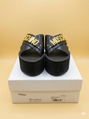 Moschino Black Slides with Gold Logo Hardware